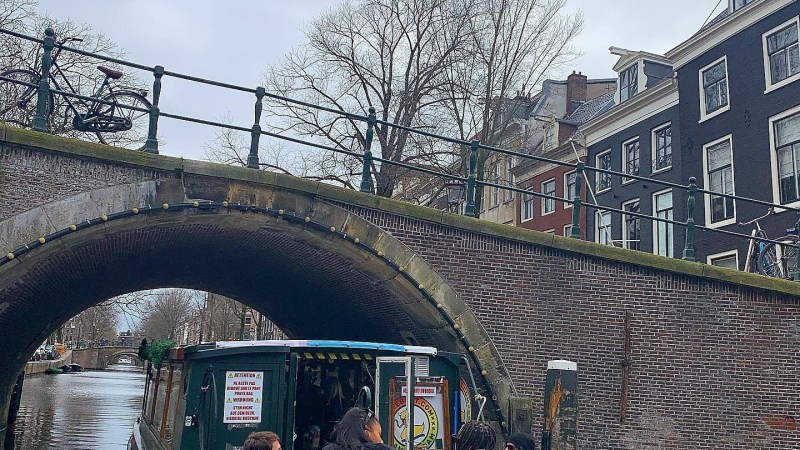 Tour boat under brick bridge on Amsterdam canal with trees and buildings.