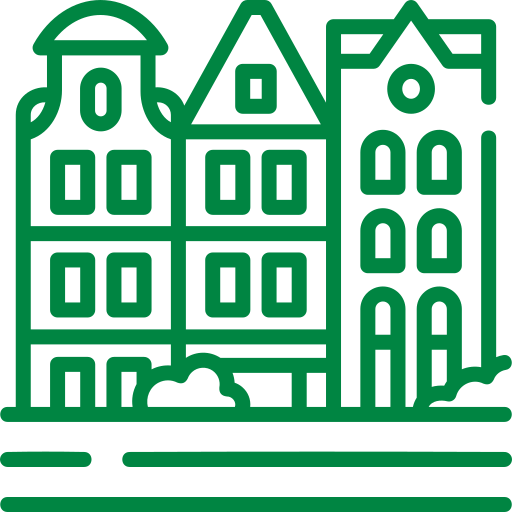 Three stylized green buildings with trees and a street in front.