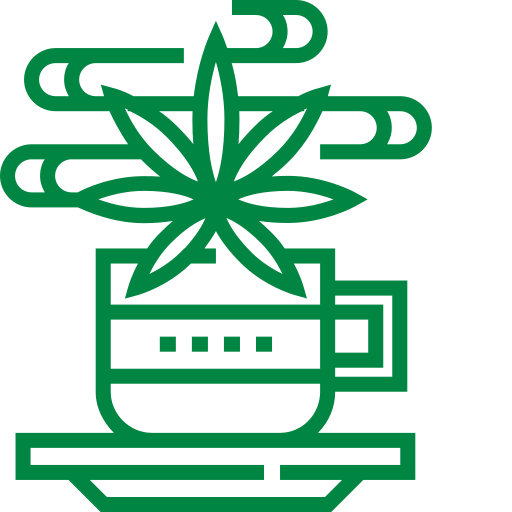 Green cup with a cannabis leaf and steam lines above it on a saucer.
